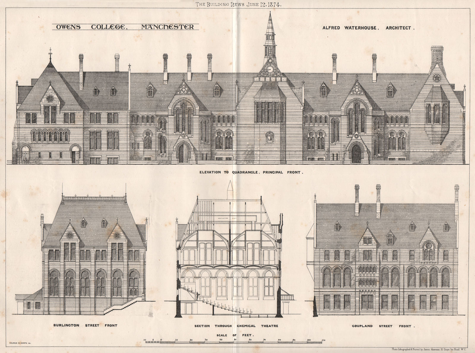 Owens College, Manchester; Alfred Waterhouse, Architect 1874 old antique print